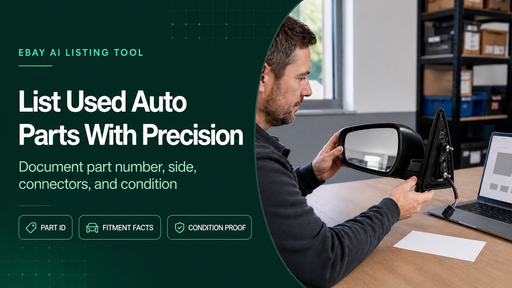 green eBay AI listing tool cover showing a seller documenting a used side-mirror assembly