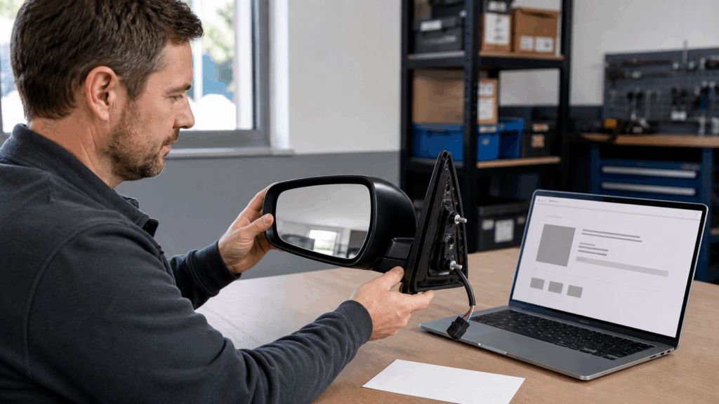 used-auto-parts seller inspecting one exterior power mirror assembly while preparing an AI-assisted eBay listing