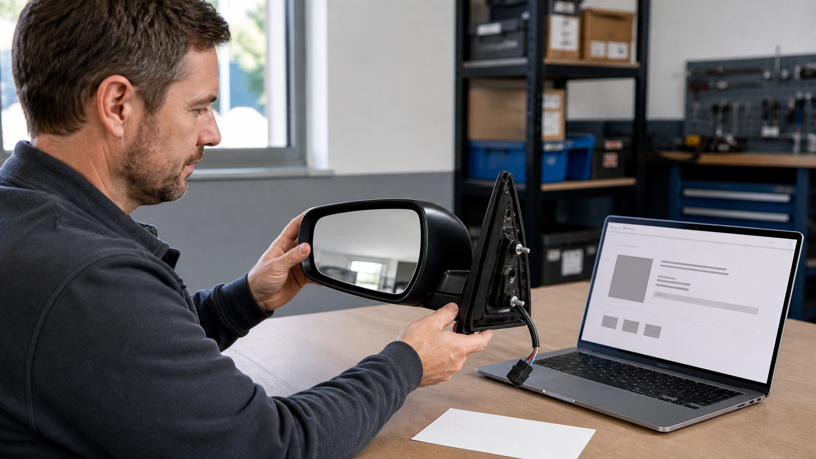 used-auto-parts seller inspecting one exterior power mirror assembly while preparing an AI-assisted eBay listing