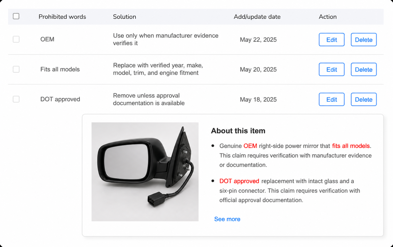 Maxmerce Prohibited Words Check interface highlighting unsupported and sensitive listing language