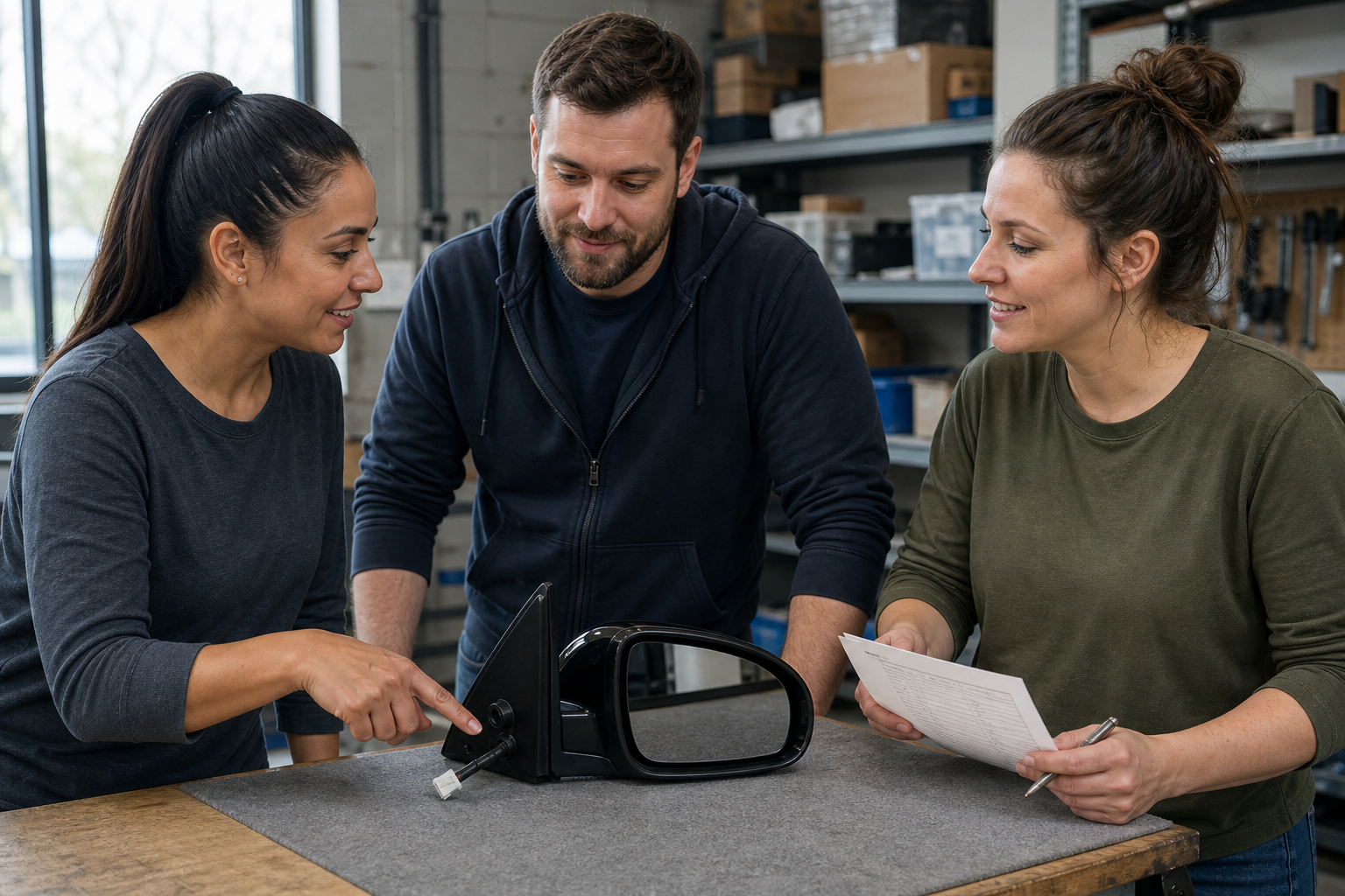 three used-auto-parts teammates checking one side-mirror assembly against an inspection sheet in a workshop