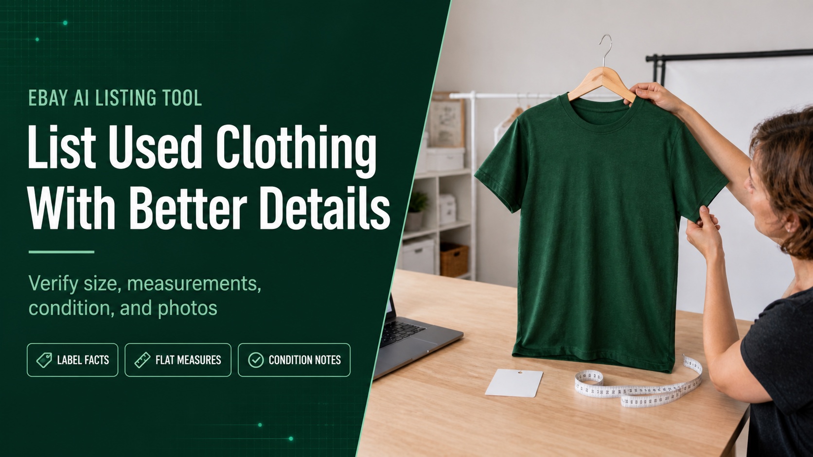 green eBay AI listing tool cover showing a reseller checking a used T-shirt and its measurements