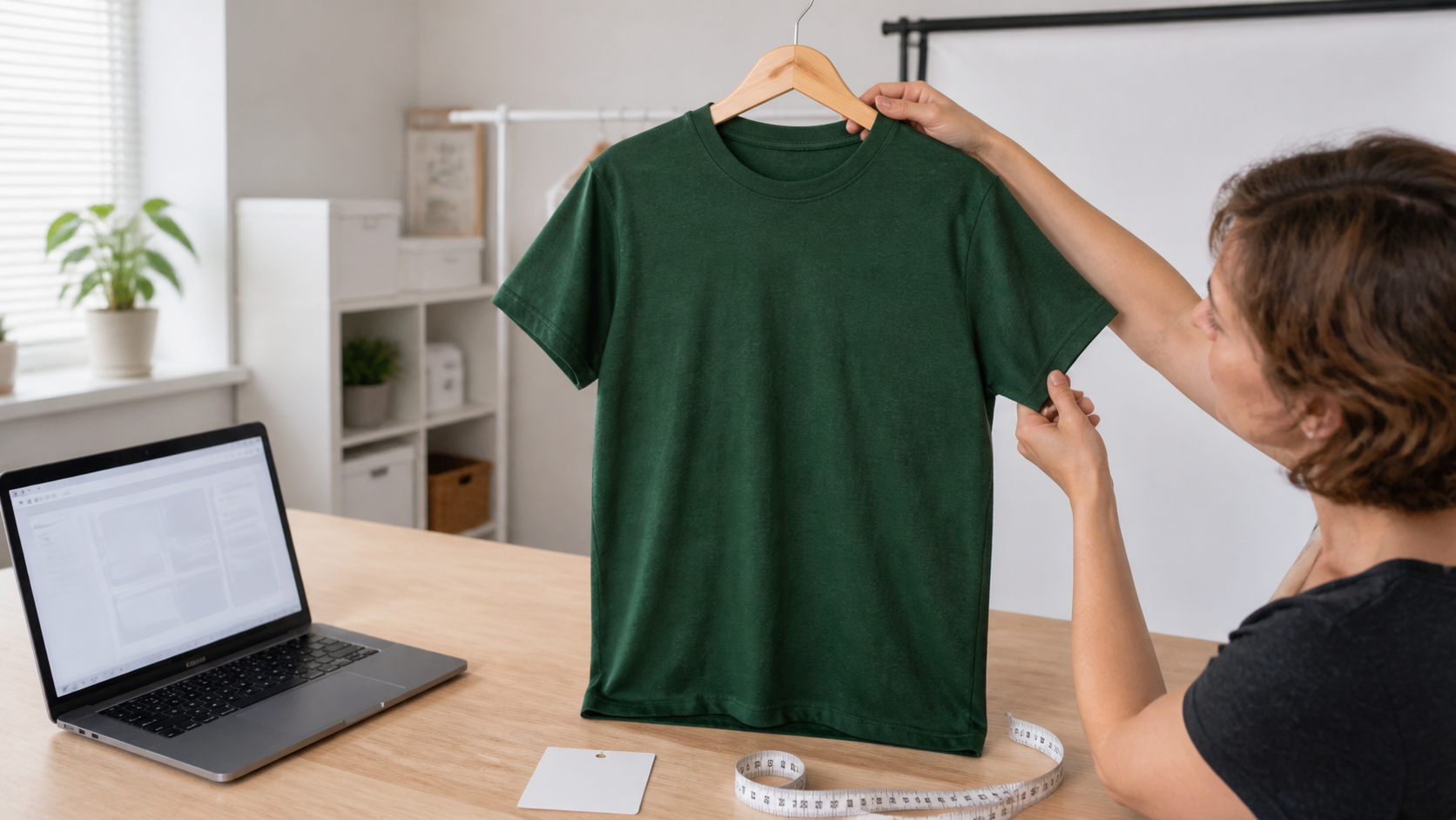 thrift clothing reseller inspecting one green T-shirt while preparing an AI-assisted eBay listing