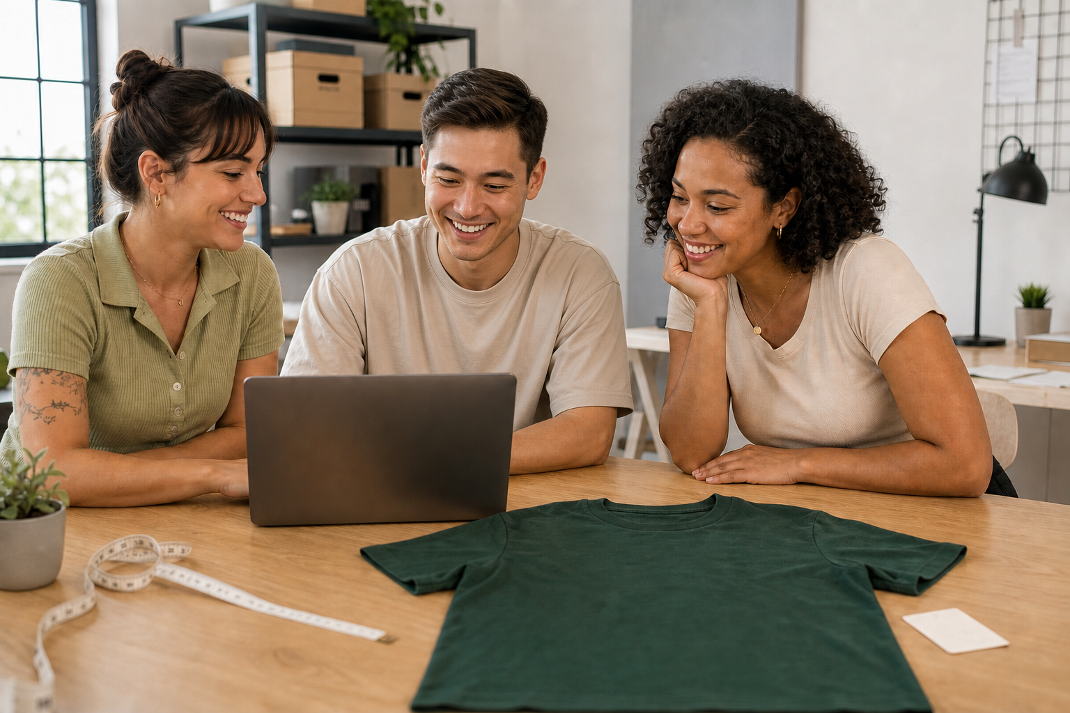 three happy thrift clothing teammates, including a man with neat side-parted hair, reviewing one green T-shirt listing in an office