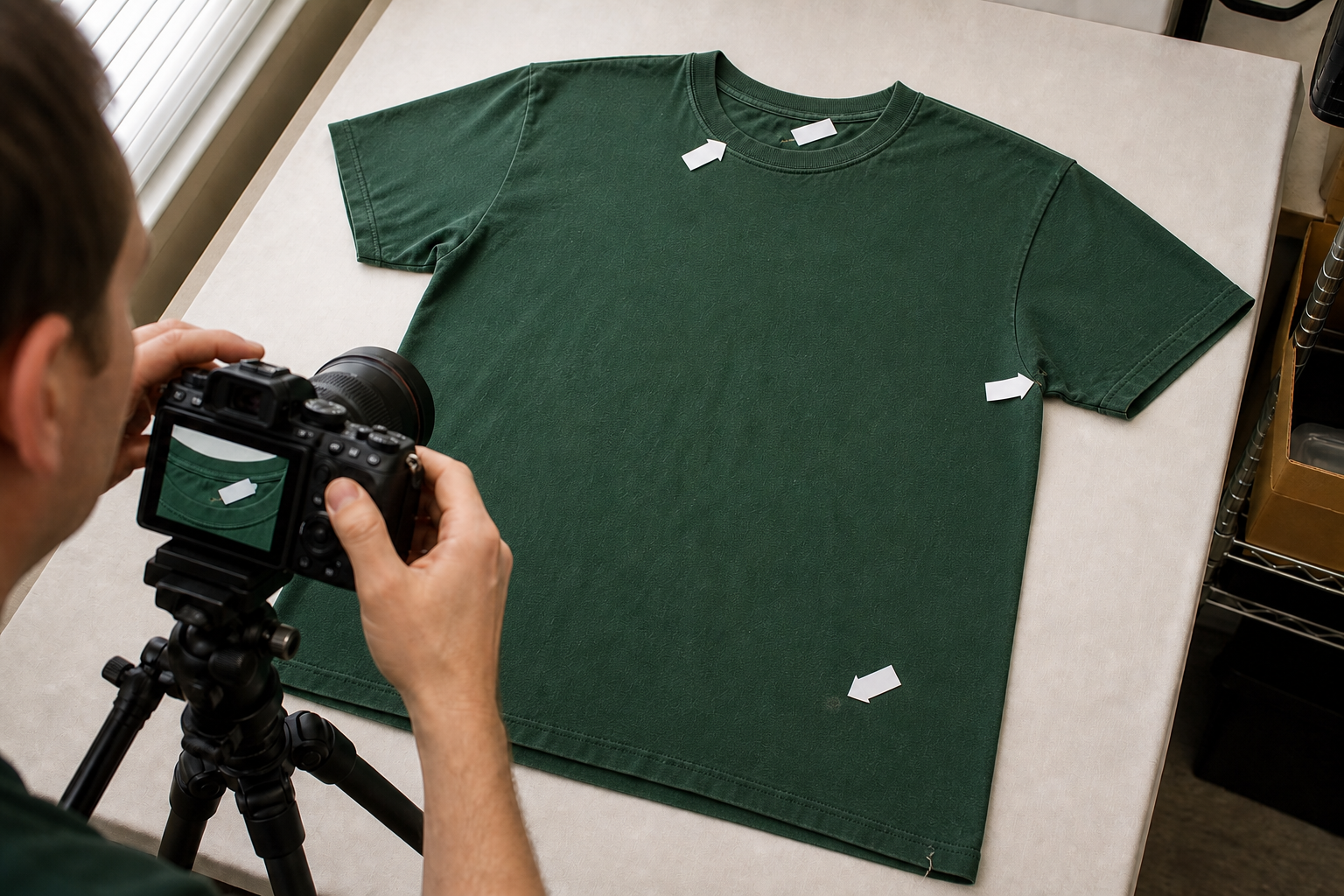 reseller photographing light collar fading, mild pilling, a faint mark, and a loose hem thread on one green T-shirt