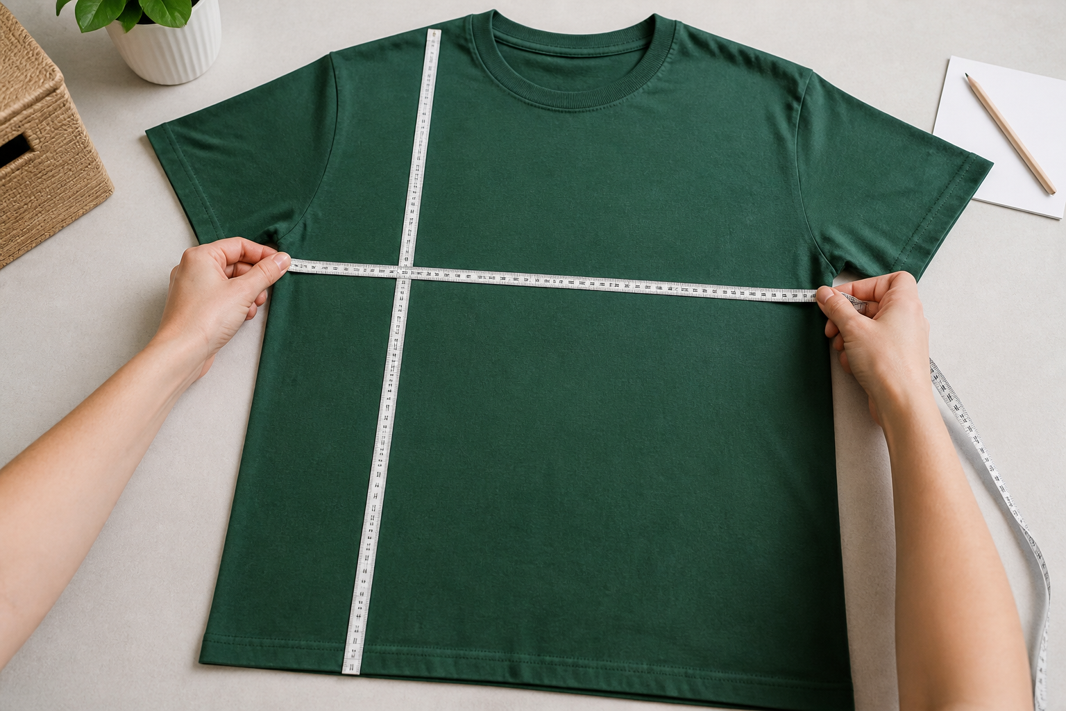 reseller measuring the chest and body length of one green T-shirt laid flat