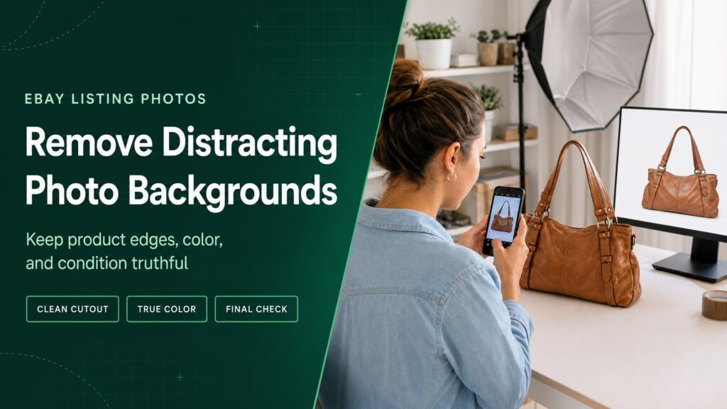 green eBay listing photo cover showing a seller creating a clean background for a handbag photo