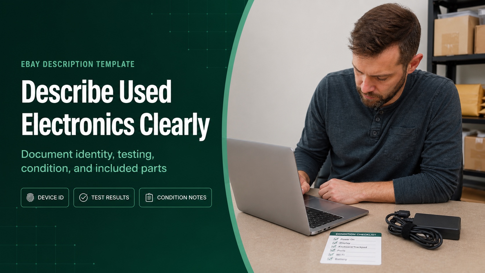 green eBay description template cover showing a seller documenting a used laptop, test results, and condition notes