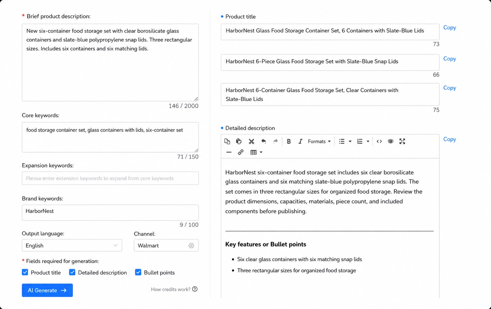 Maxmerce AI Listing Generator showing Walmart selected as the channel with food storage set titles, a description, and key features