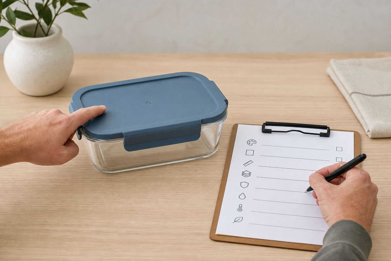 catalog specialist checking the color, material, dimensions, capacity, and other attributes of one new food storage container