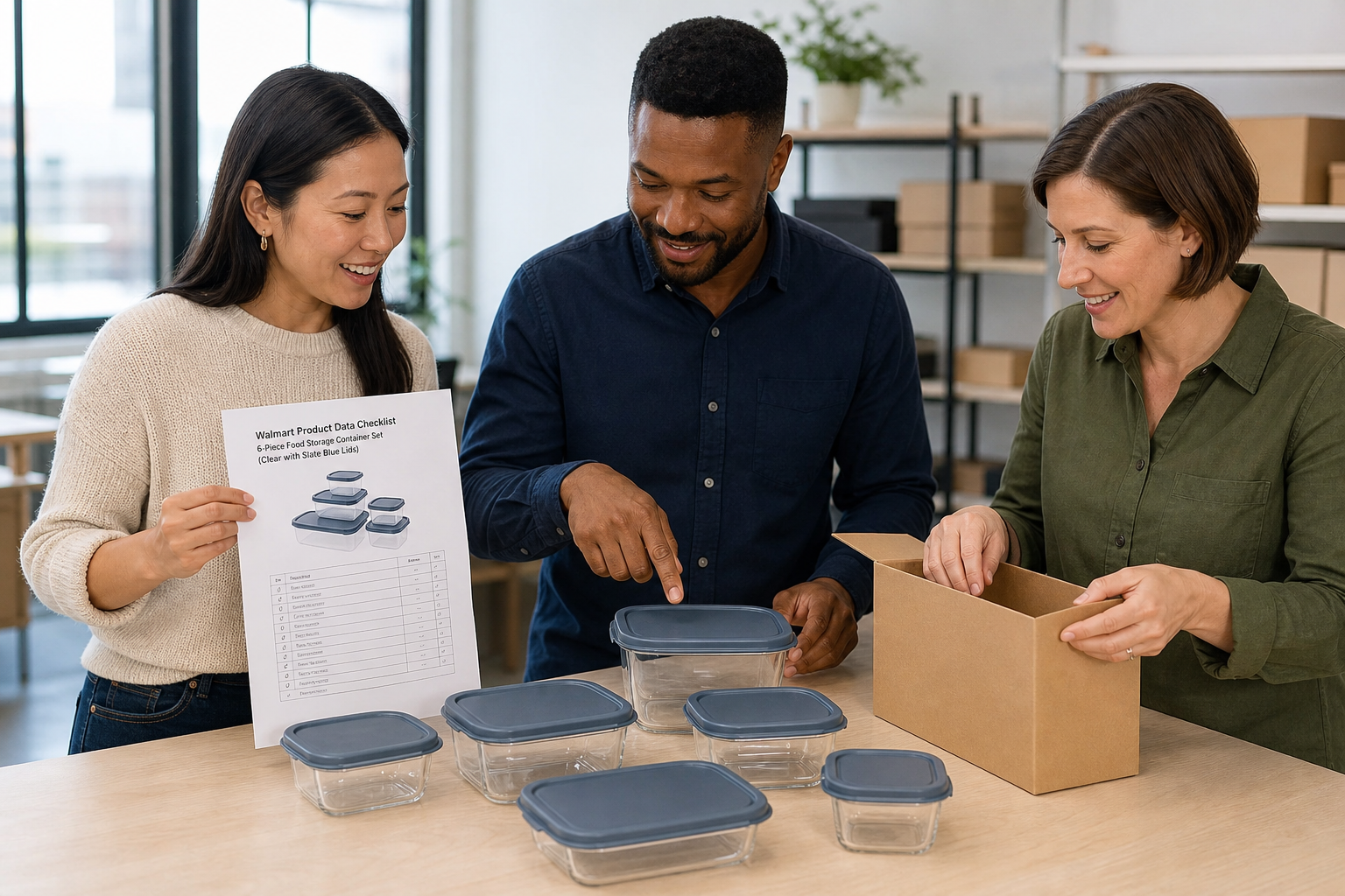 three happy catalog team members reviewing a new six-container food storage set and its Walmart product data checklist