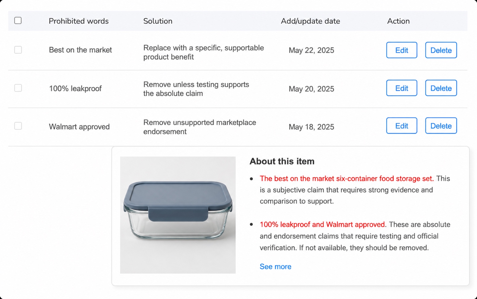 Maxmerce wording review interface flagging best on the market, 100 percent leakproof, and Walmart approved in a food storage listing