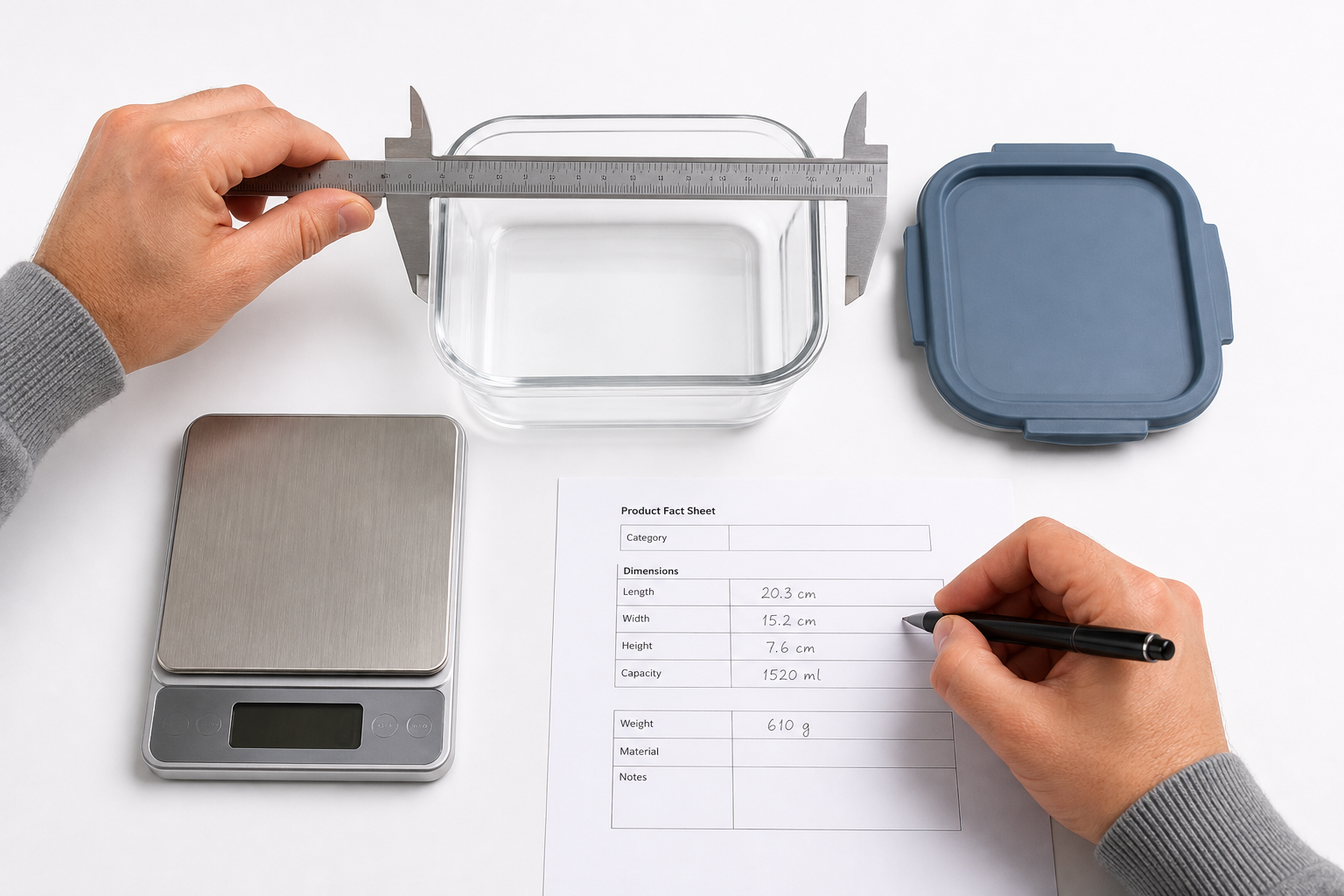 catalog specialist measuring one new glass food storage container and recording dimensions, capacity, and weight