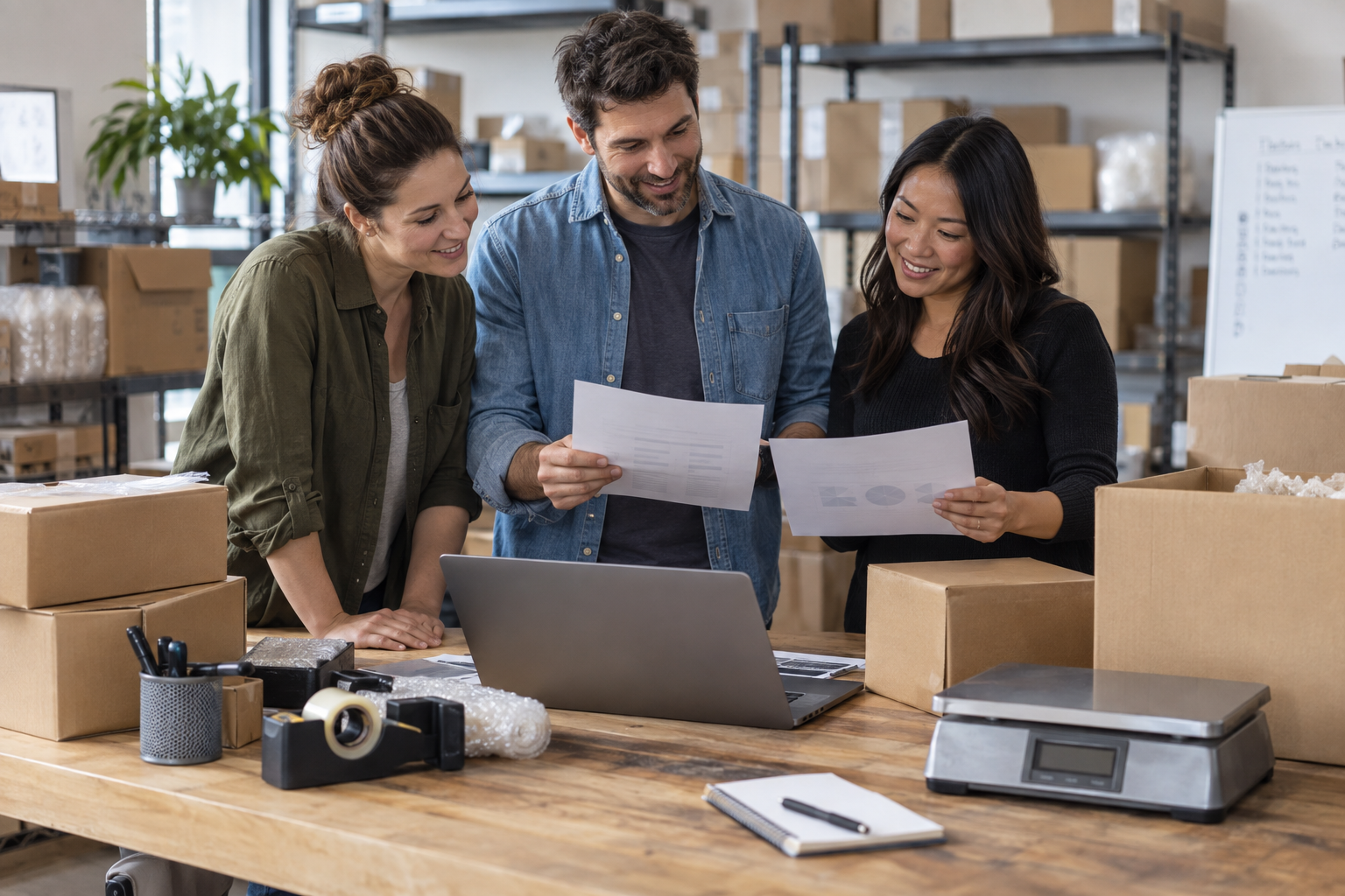 Three ecommerce sellers comparing FBA and seller-fulfilled cost scenarios in a warehouse workspace