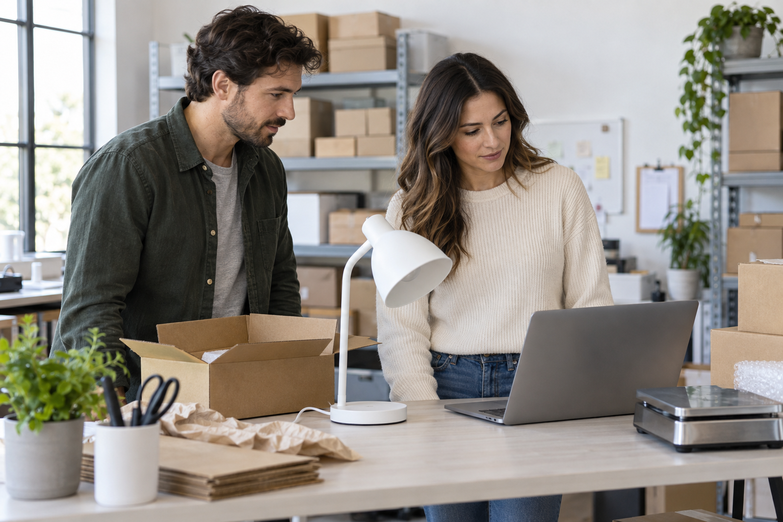 Two ecommerce sellers reviewing a desk lamp and product details before creating an eBay listing