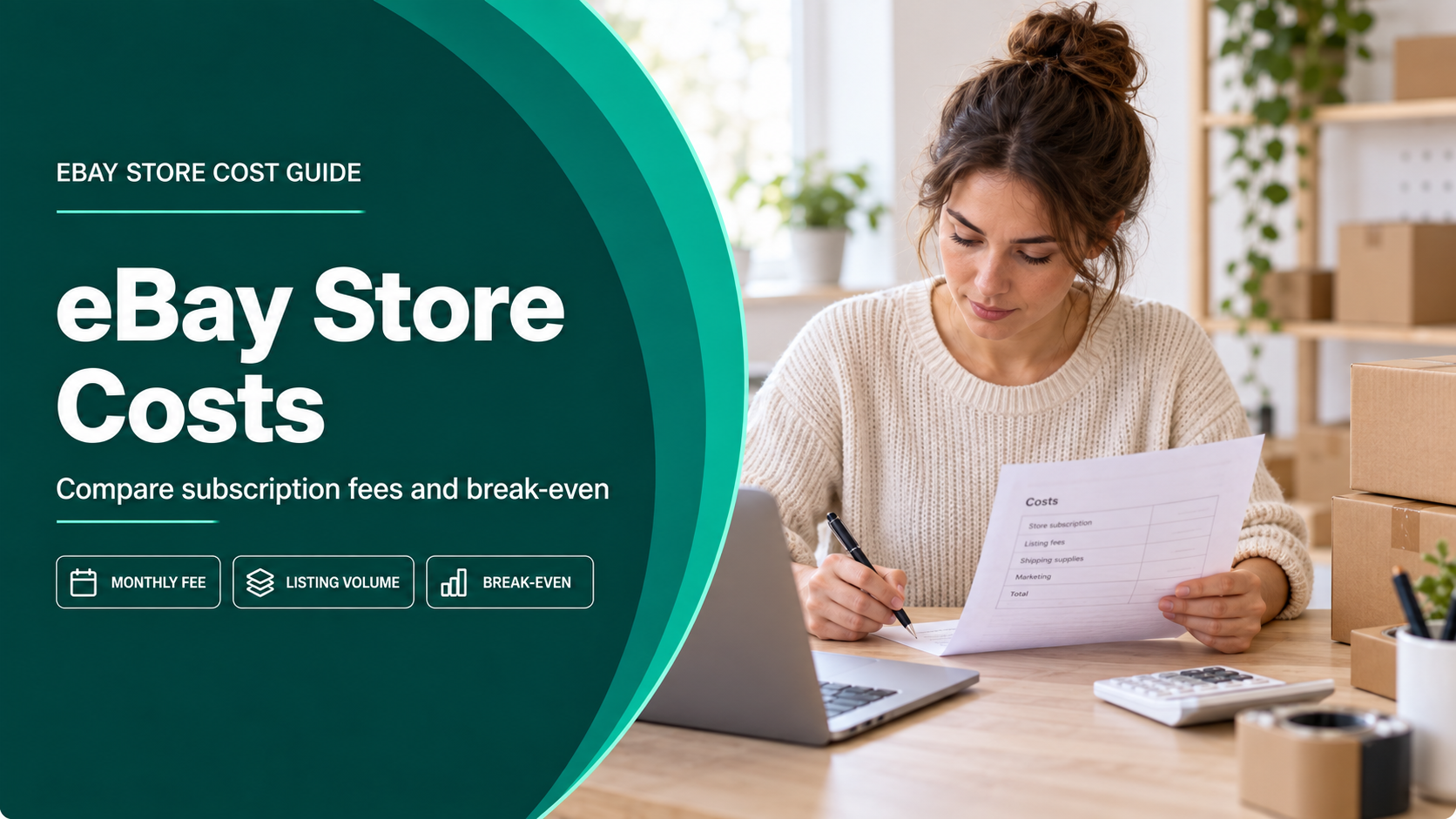 eBay Store costs guide cover with a seller reviewing a cost worksheet