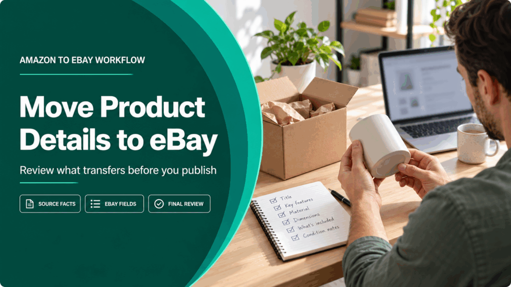 Amazon to eBay listing review guide cover with a seller checking a product against a field checklist