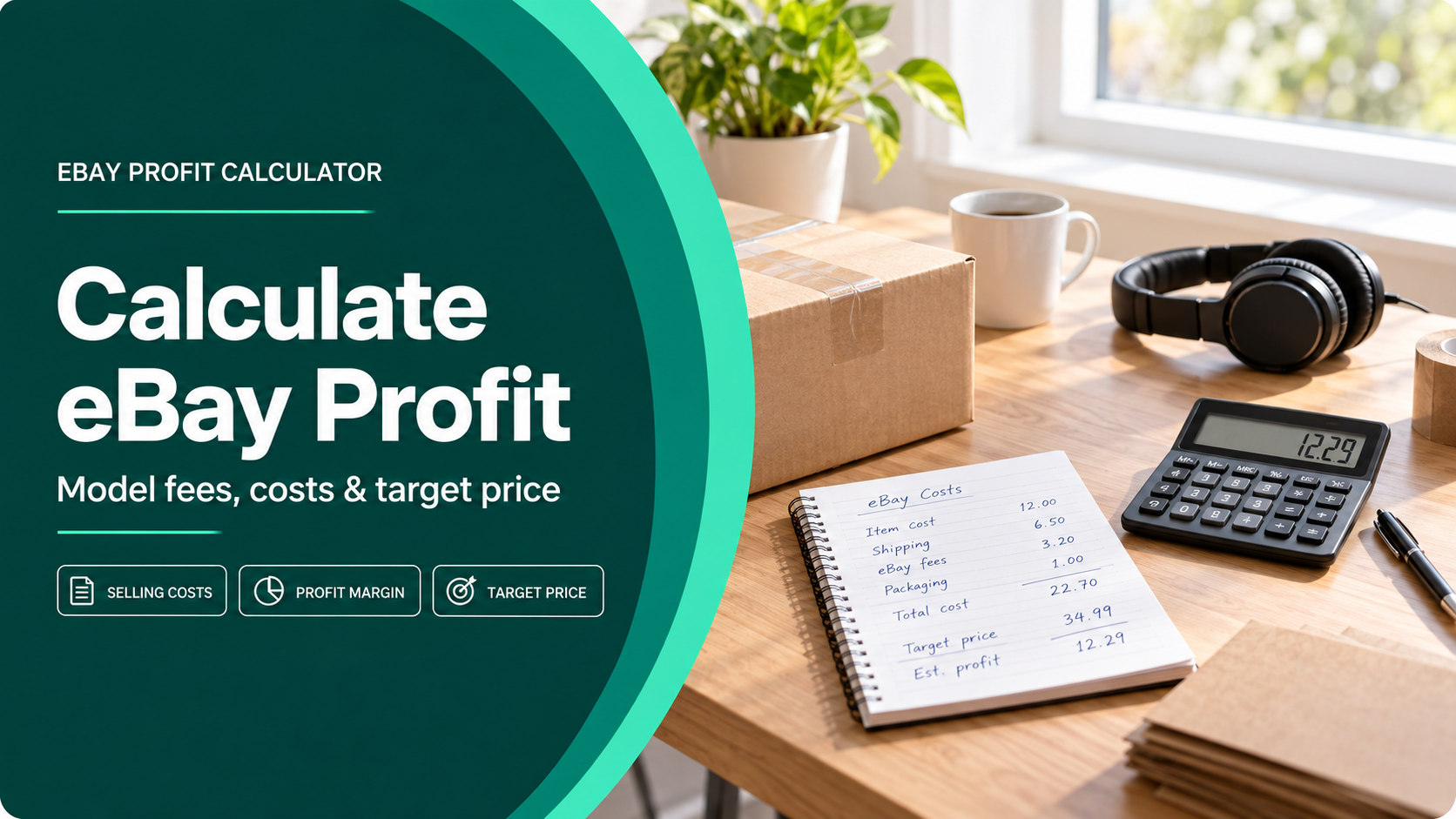 eBay profit calculator guide cover with a seller cost worksheet
