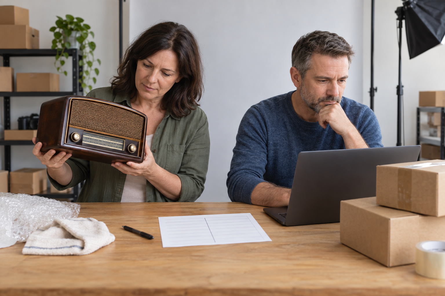 Two eBay sellers reviewing a collectible before choosing Buy It Now or auction
