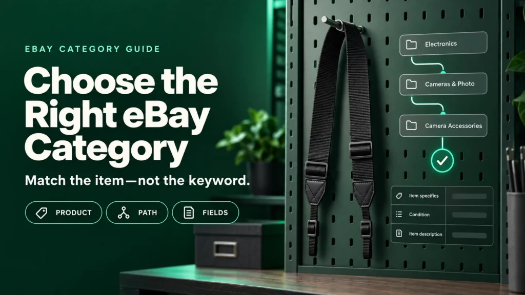 eBay category guide showing a camera strap beside a product-to-category path