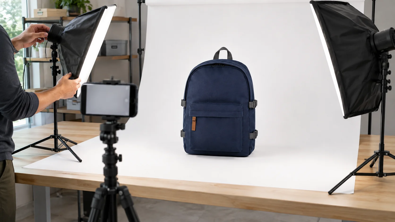 Seller adjusts two diffused lights around a navy backpack on a white sweep with a phone on a tripod