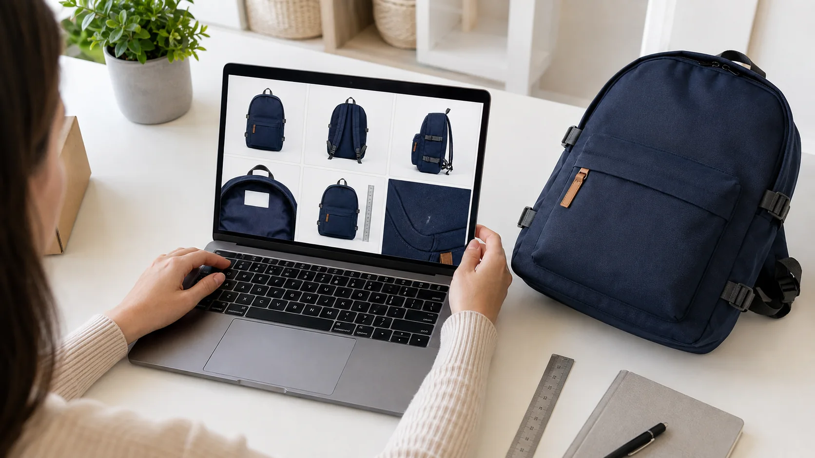 Seller compares a navy backpack with six matching product photos on an unbranded laptop screen