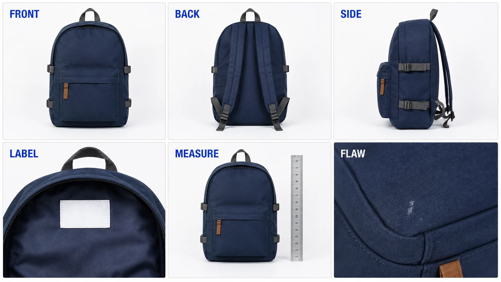 The same navy backpack shown from multiple angles with label, measurement, and flaw views