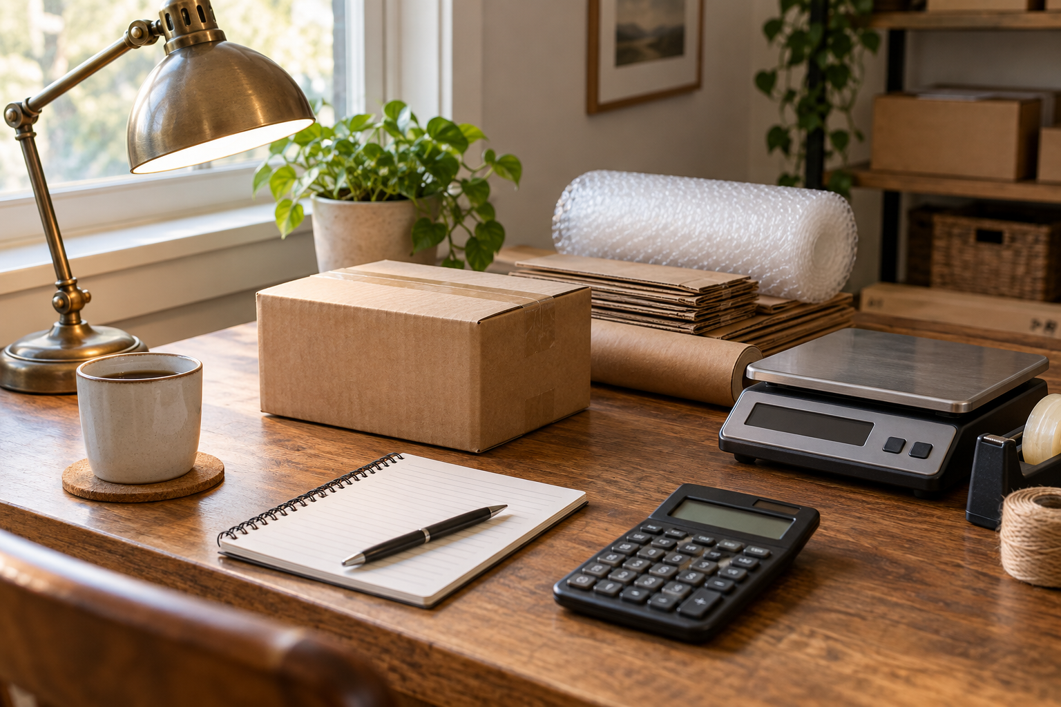 Packing supplies, shipping scale and calculator prepared for an eBay profit calculation