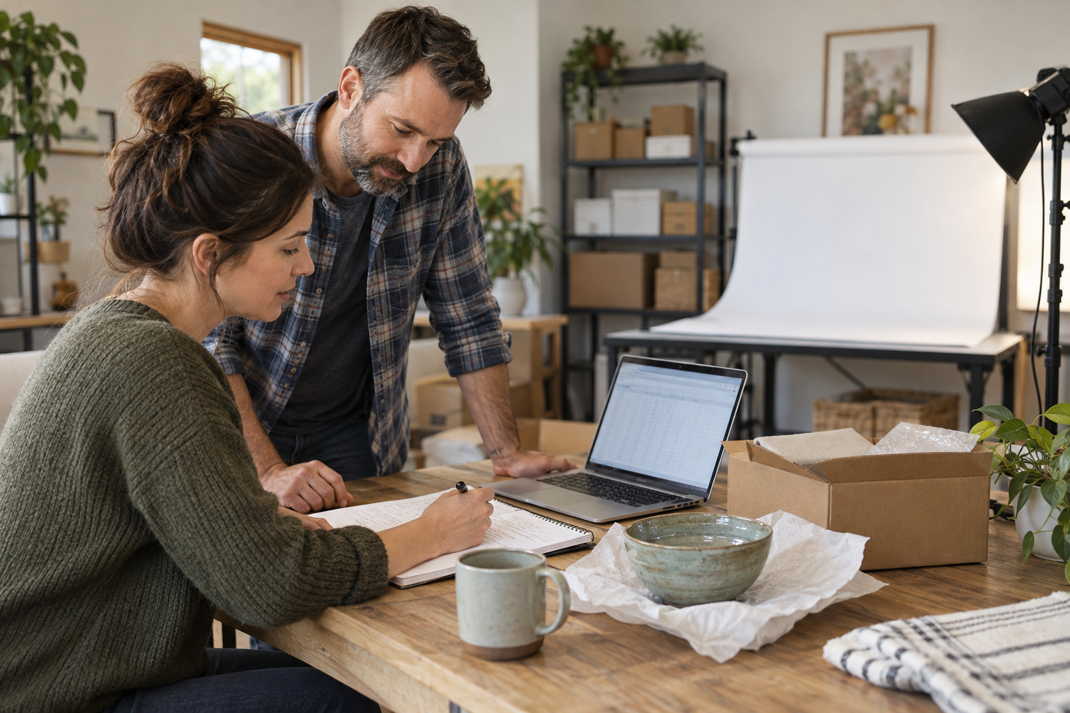 Two eBay sellers reviewing item costs and a target-price worksheet in a small product studio