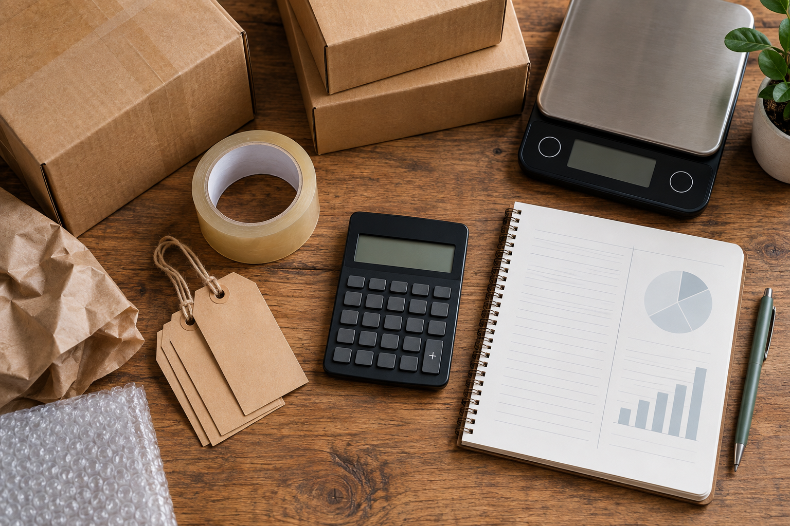 Shipping supplies and calculator prepared for an eBay Store break-even calculation