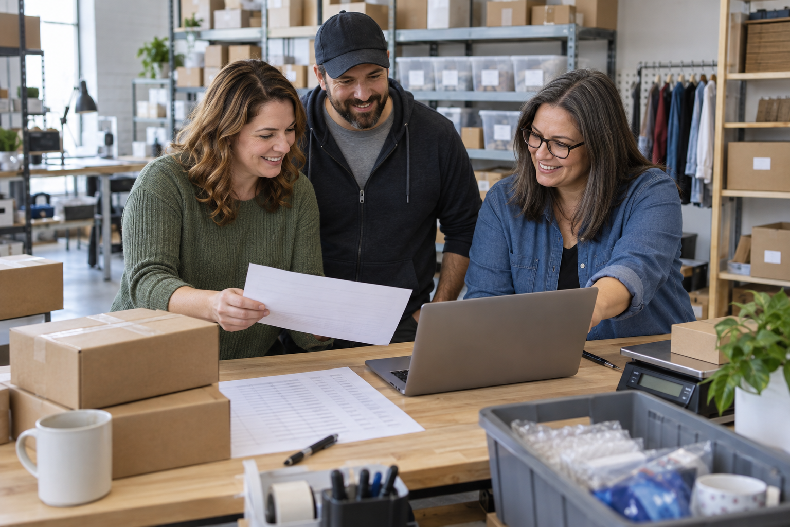 Three eBay sellers reviewing Store costs and listing-volume assumptions in a packing workspace