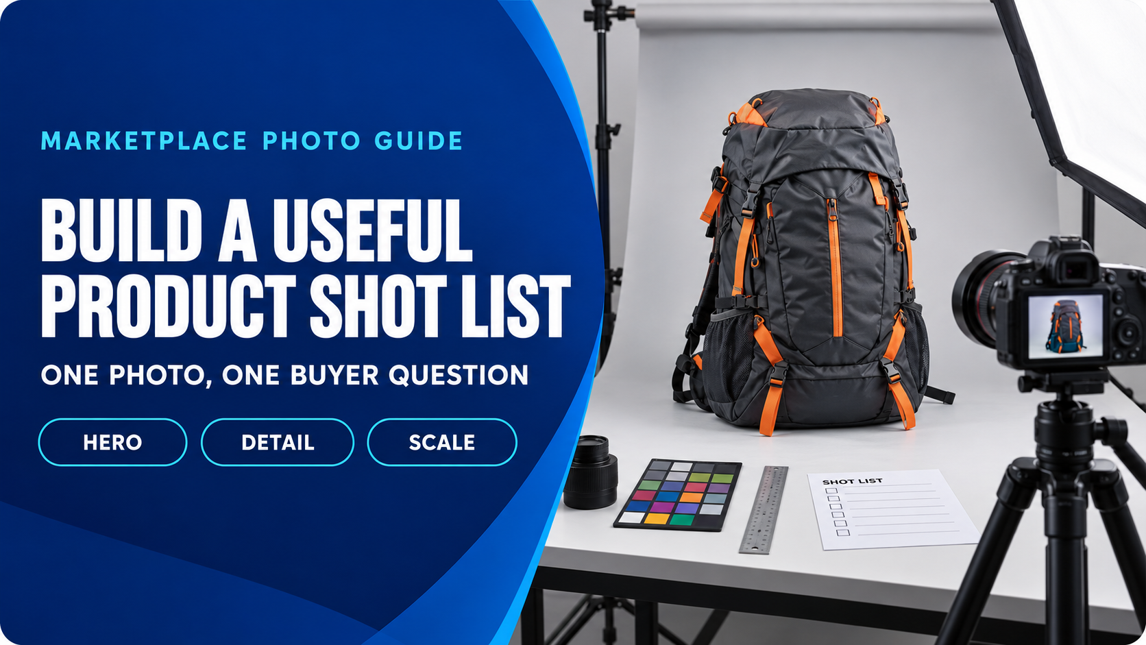 Ecommerce product photography shot-list cover featuring a hiking backpack in a studio setup