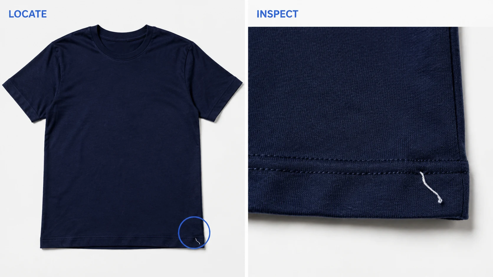 A loose thread at a navy shirt's lower right hem shown in a full-garment view and a matching close-up