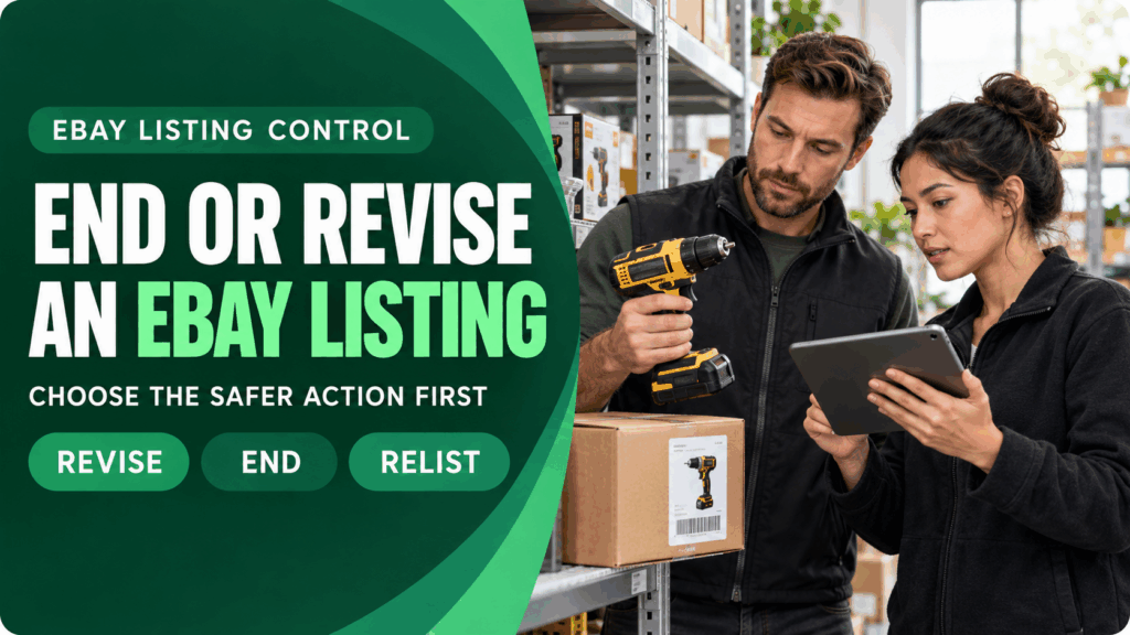 Guide cover showing a warehouse team deciding whether to revise, end or relist an eBay listing
