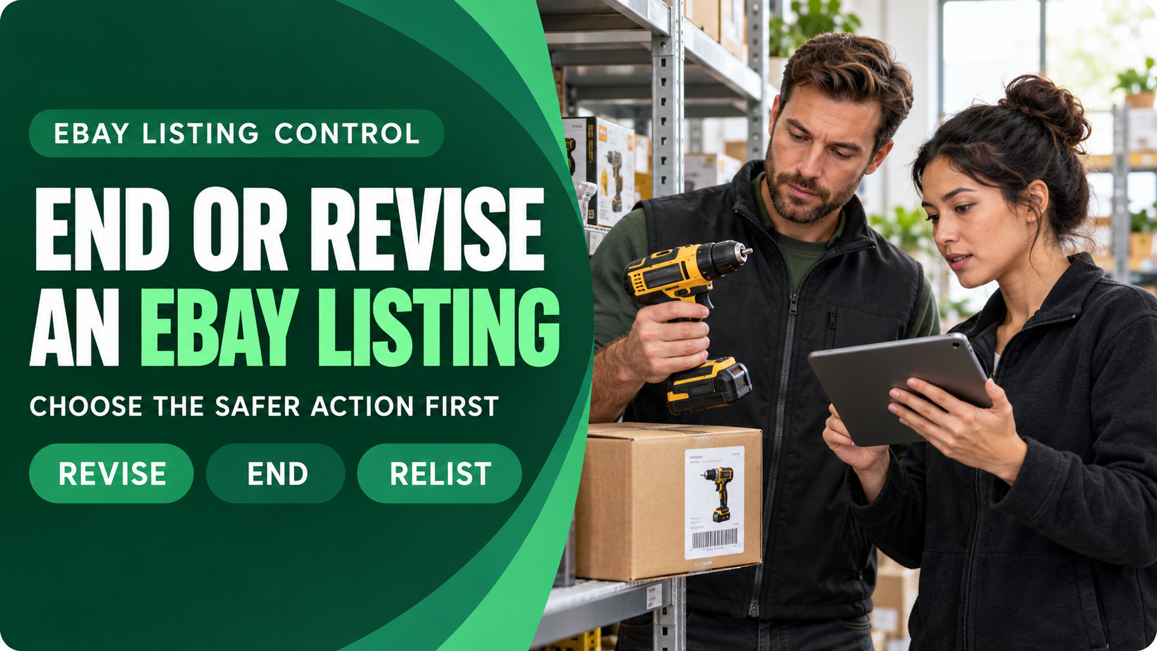 Guide cover showing a warehouse team deciding whether to revise, end or relist an eBay listing