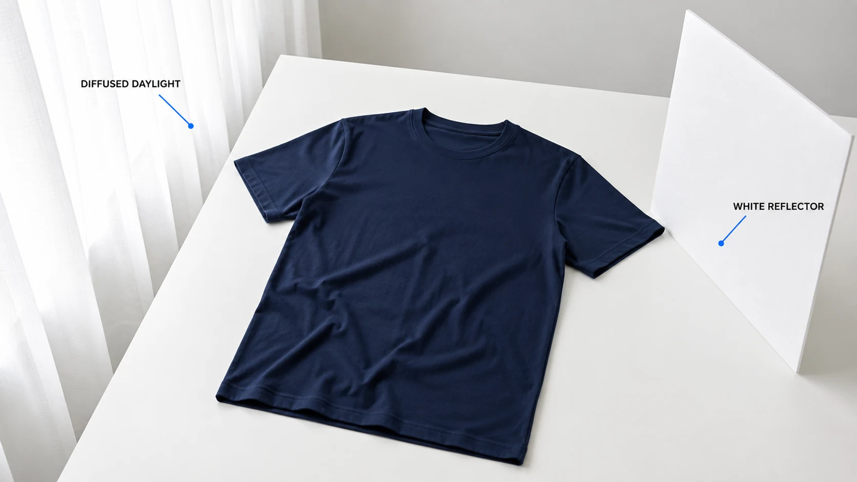 A navy shirt on a white table beside diffused window light with a white reflector on the opposite side