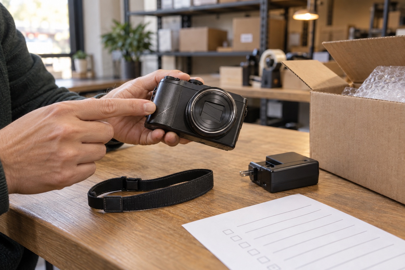 Seller pointing out a visible scratch on a used camera next to its included charger and strap