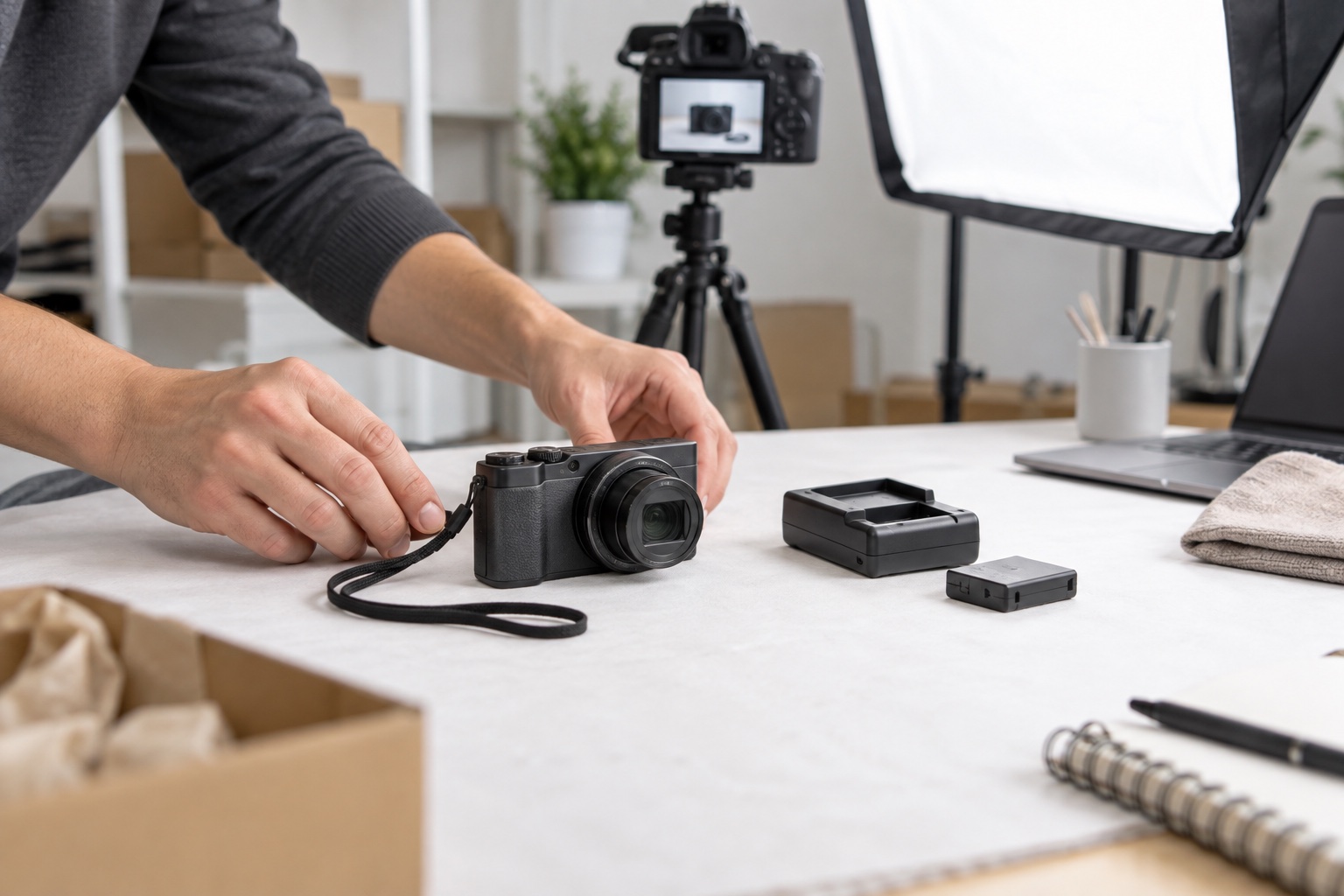 Seller arranging a used compact camera and included accessories for a clearer eBay main listing photo