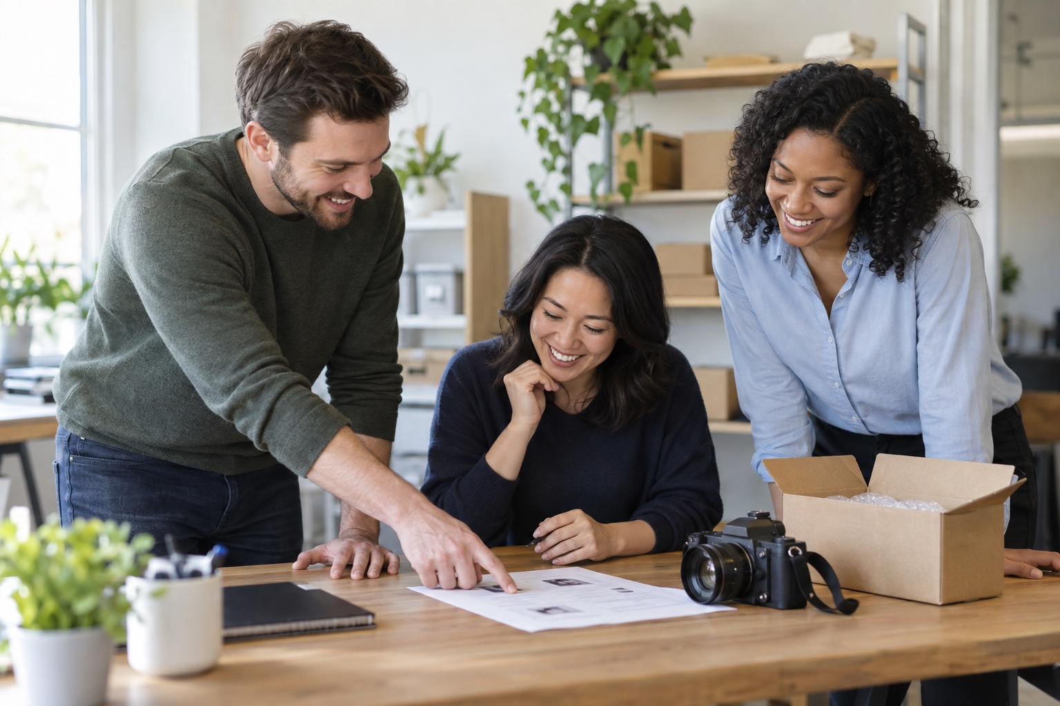 Three ecommerce coworkers reviewing a used camera listing worksheet together